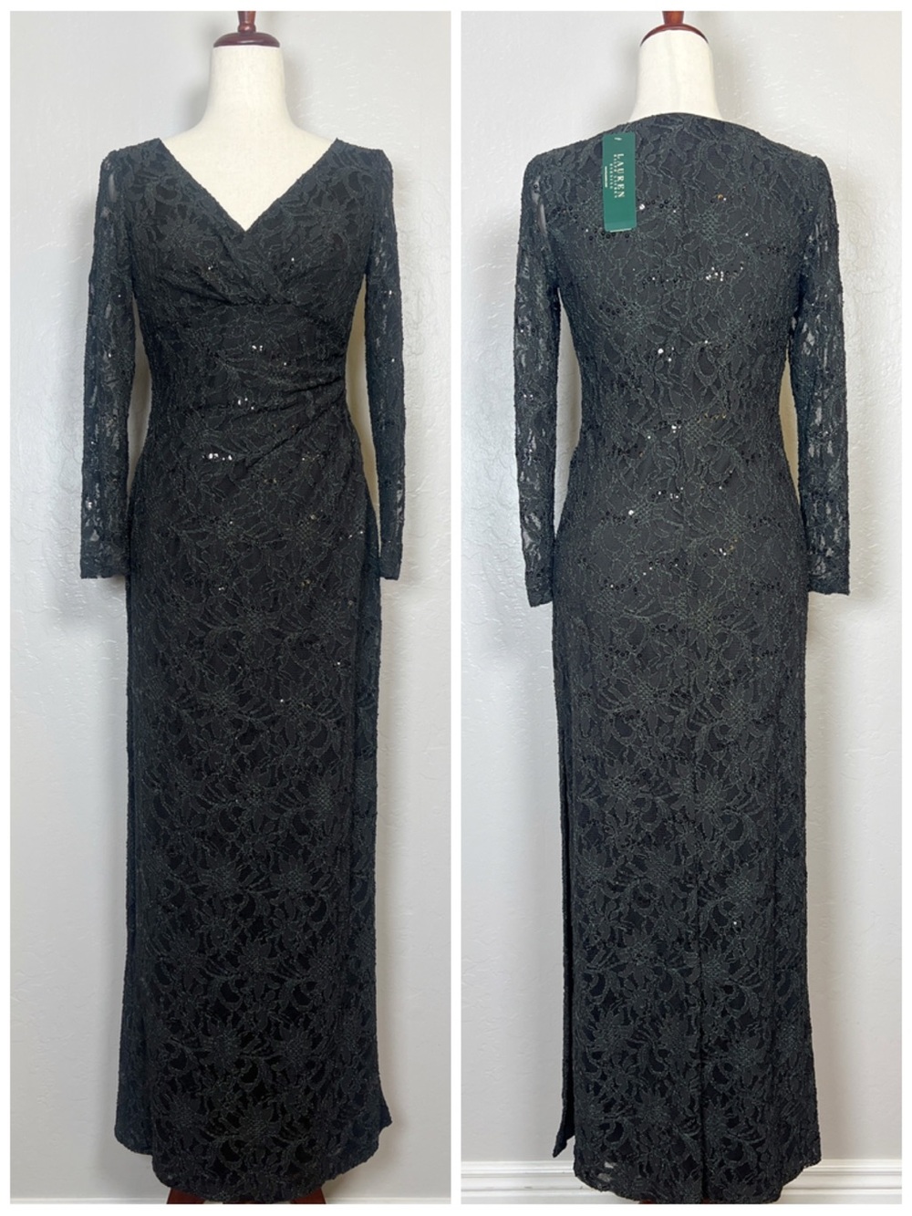LAUREN RALOH LAUREN Women’s Size 8P Black Green Sequin Lace Long Sleeve Gown